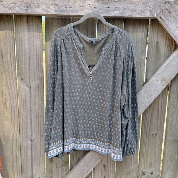Lucky Brand Boho Patterned Army Green Casual Loose Fit Bubble Sleeve Blouse - Picture 1 of 7